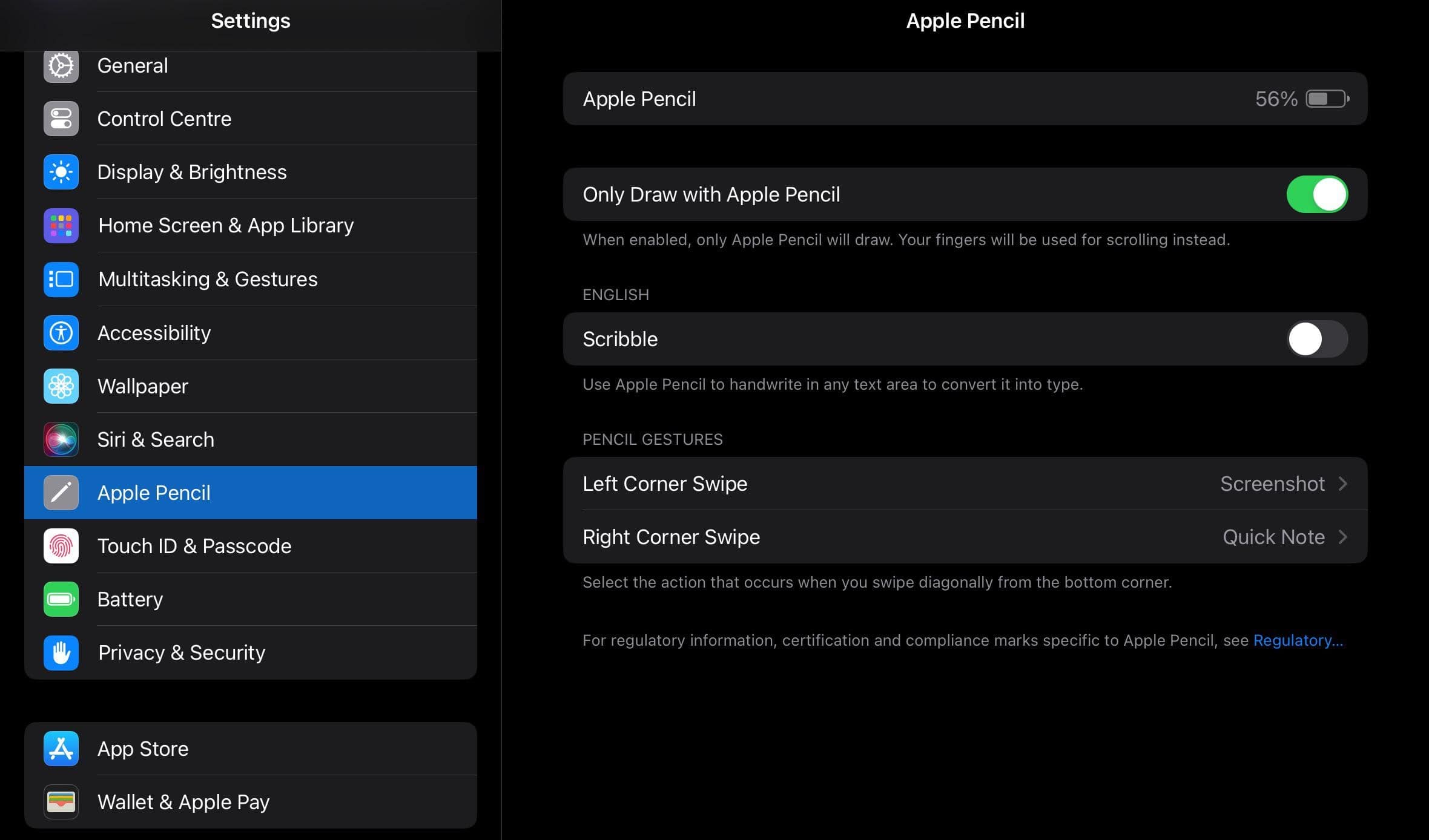check apple pencil battery in settings