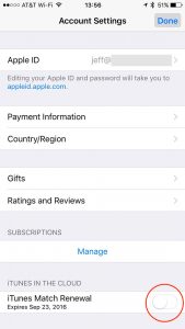 Turn off iTunes Match Renewal in iTunes & App Stores settings