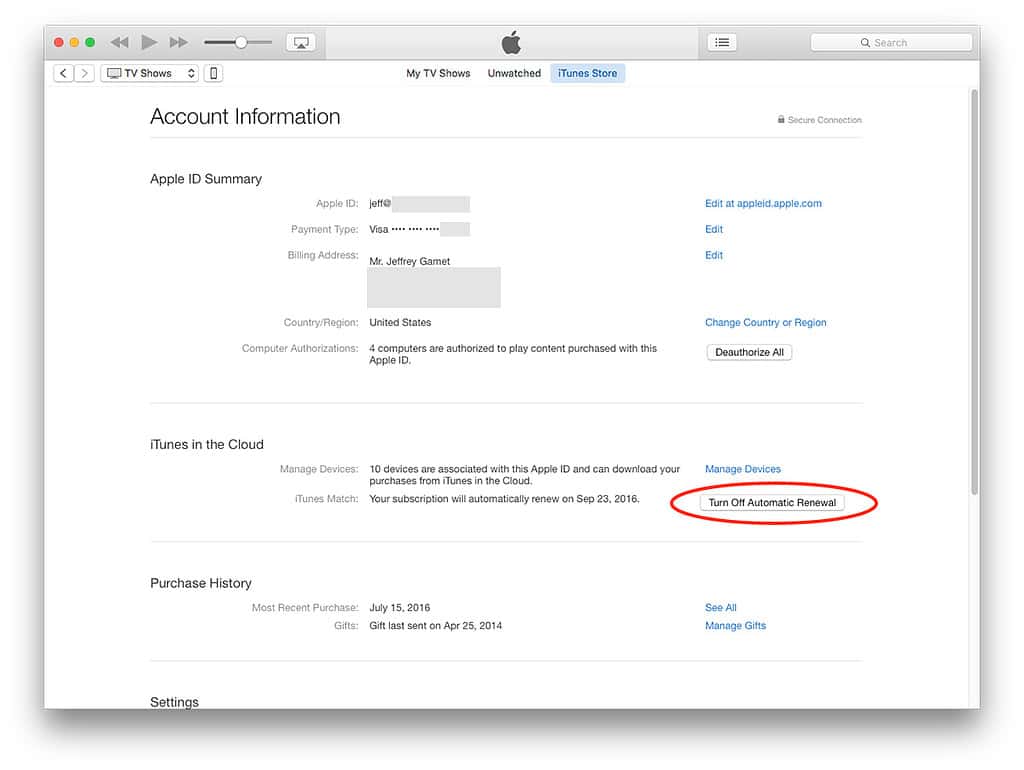 Deshabilitar la renovación automática de iTunes Match