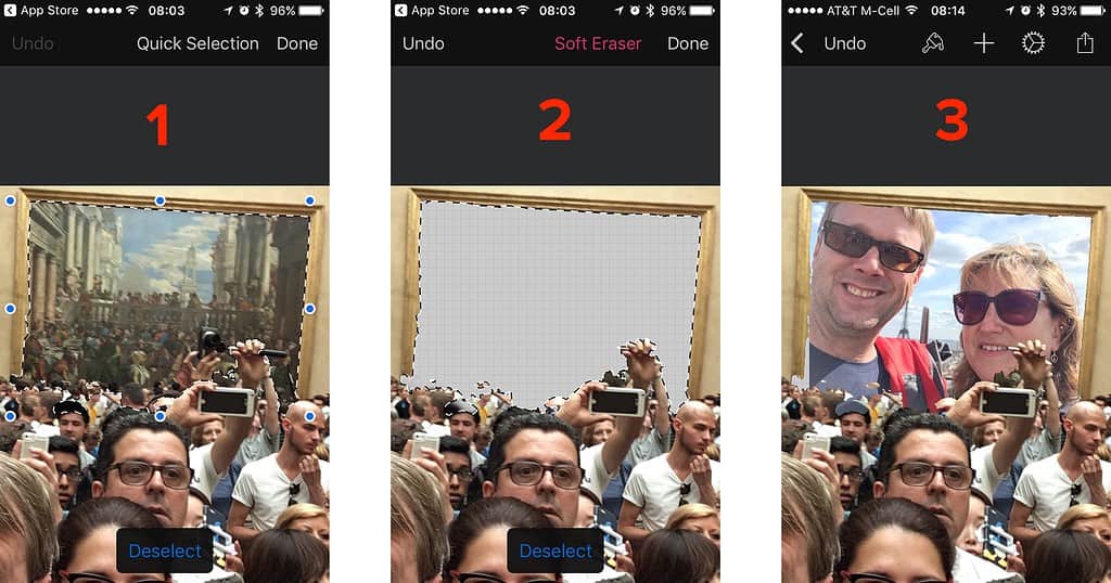 Three screenshots showing Pixelmator's Quick Selection Tool