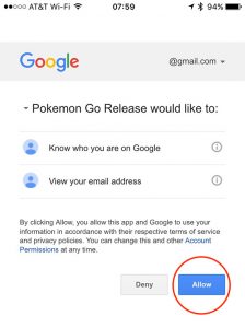 Permisos de la cuenta de Google de Pokémon GO