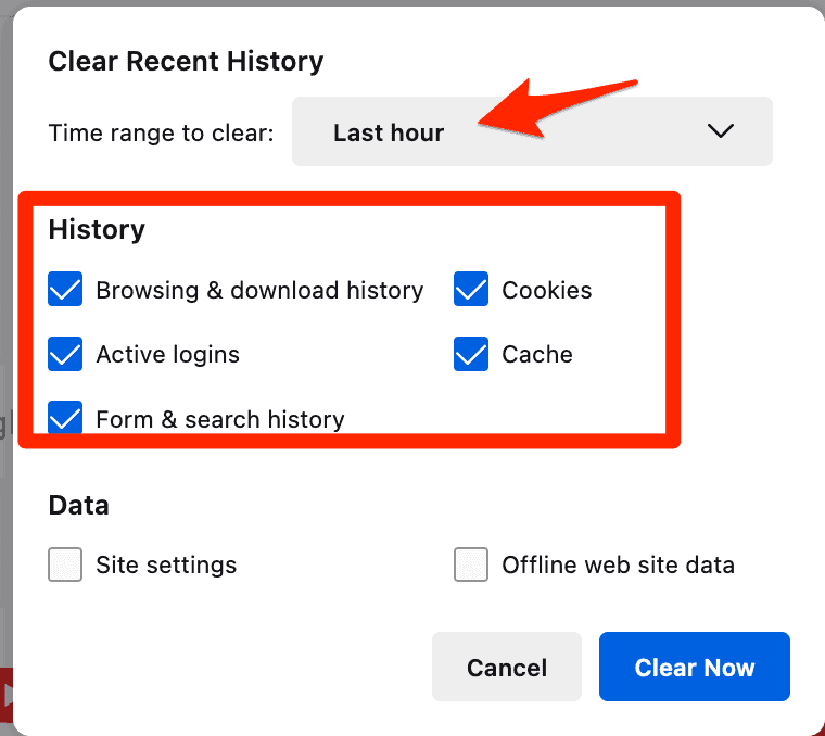 time and data firefox clear cache