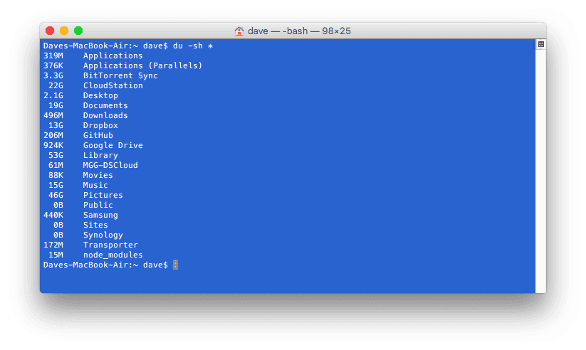 By issuing 'du -sh *' in the Terminal I can see the sizes of all my files and folders