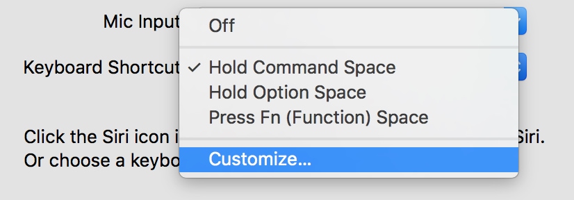 macOS Sierra Siri keyboard shortcut Drop-down