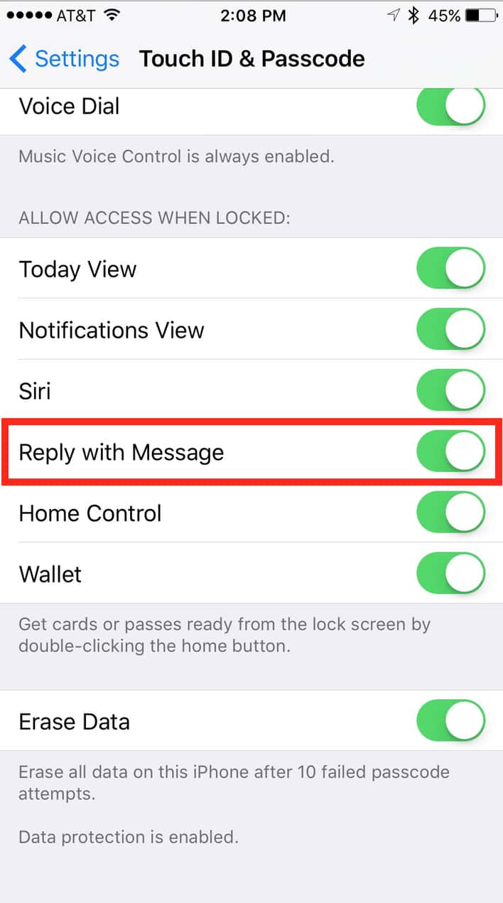 iOS 10 Lock Screen Reply with Message settings