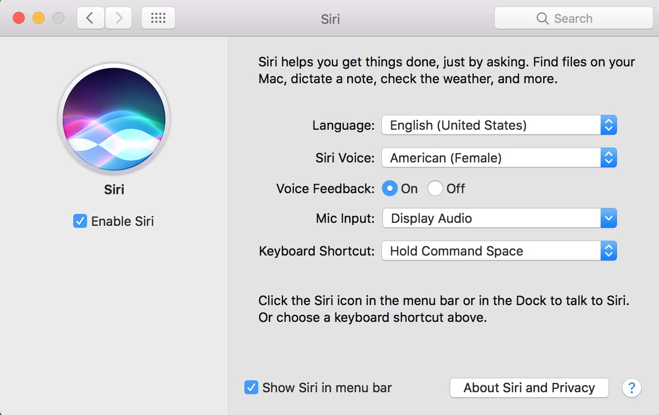 macOS Sierra Siri Preferences