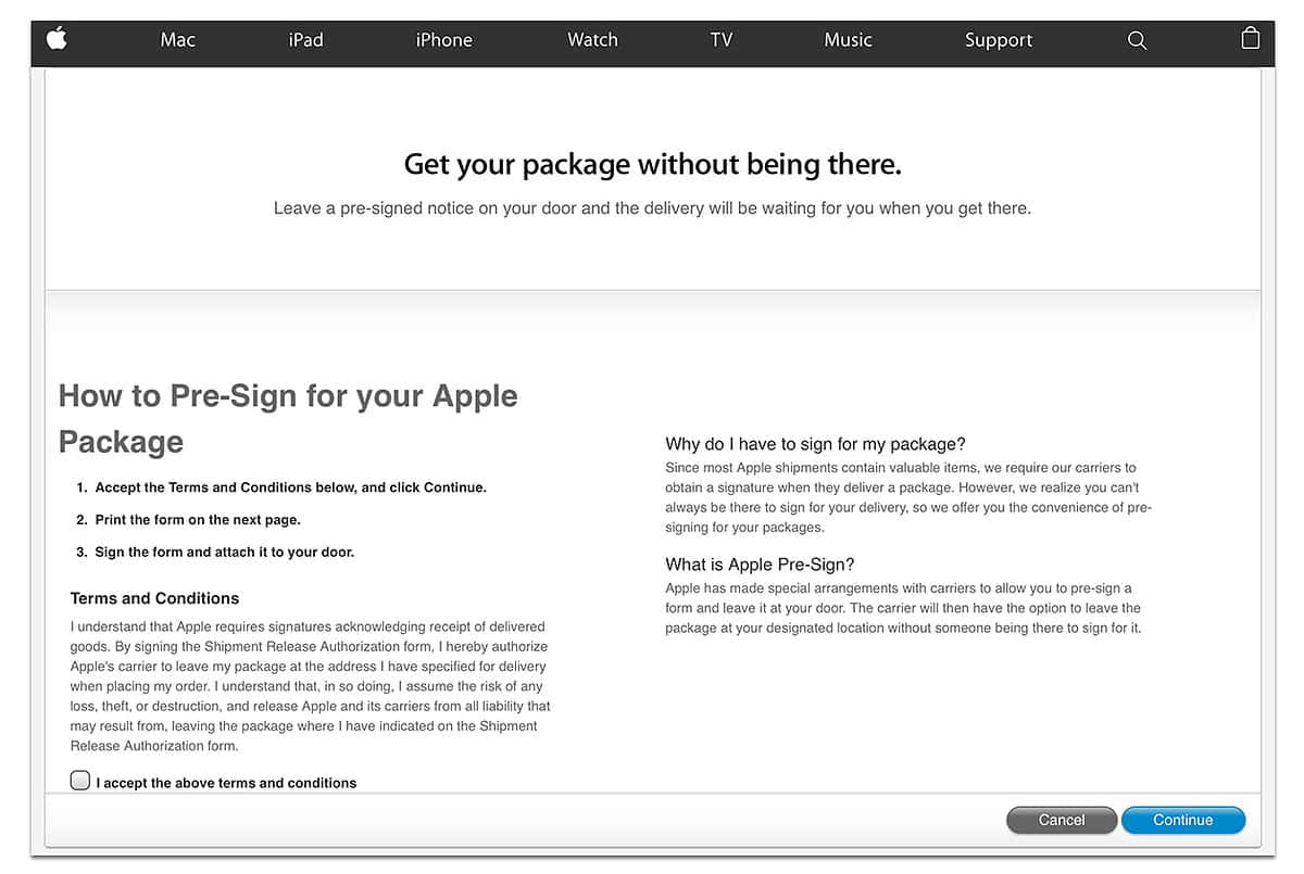 apple pre-sign for delivery