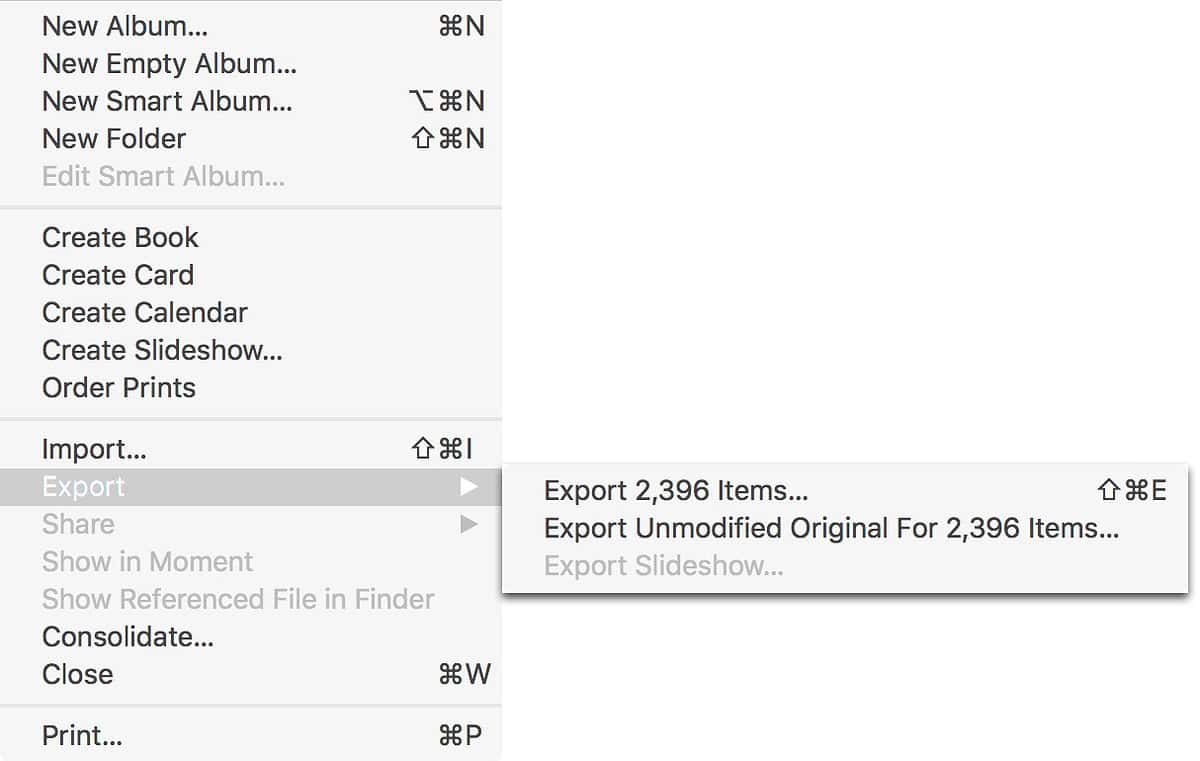 File Menu Export Options in macOS Sierra Photos