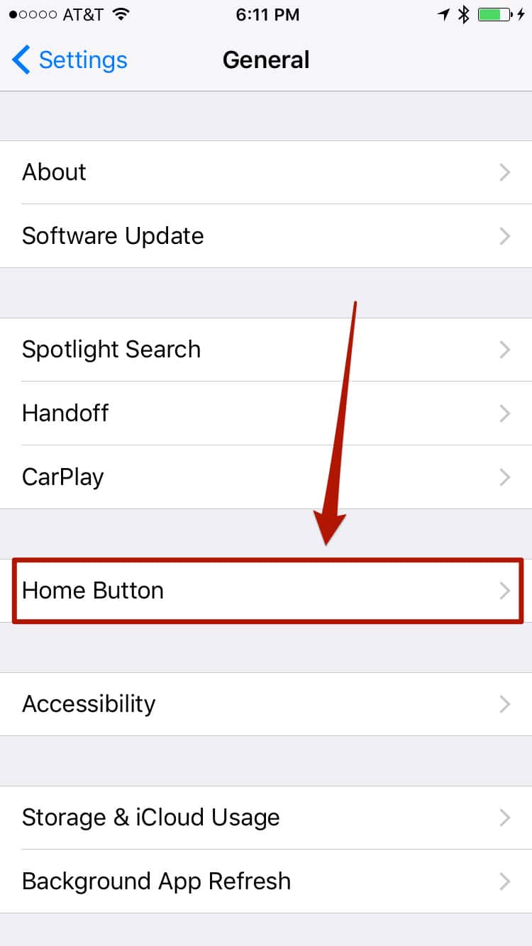 screenshot of iOS 10 iphone 7 home button settings