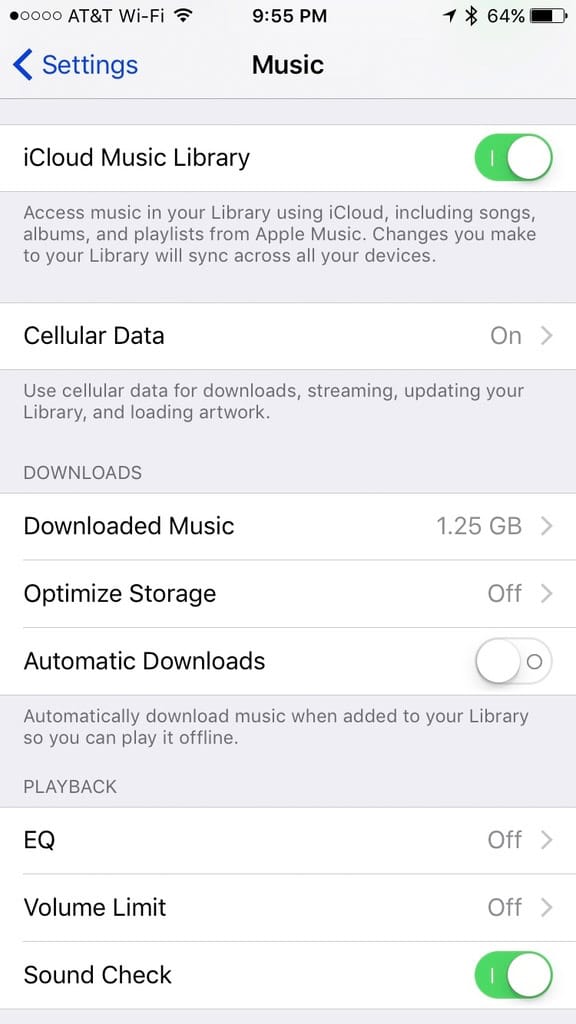 iOS music settings screen
