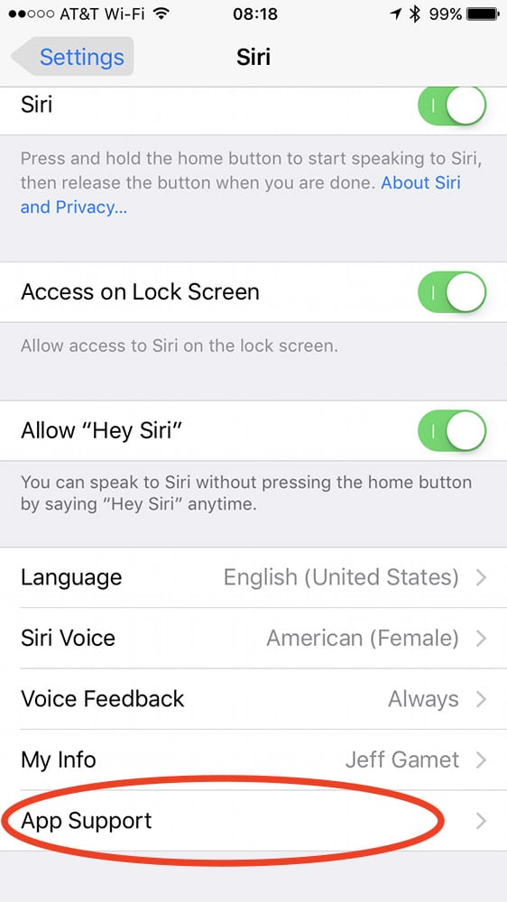 Siri's App Support setting shows the apps you can voice control