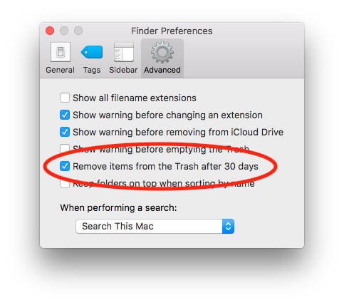 Finder Preferences for auto-deleting macOS Sierra Trash