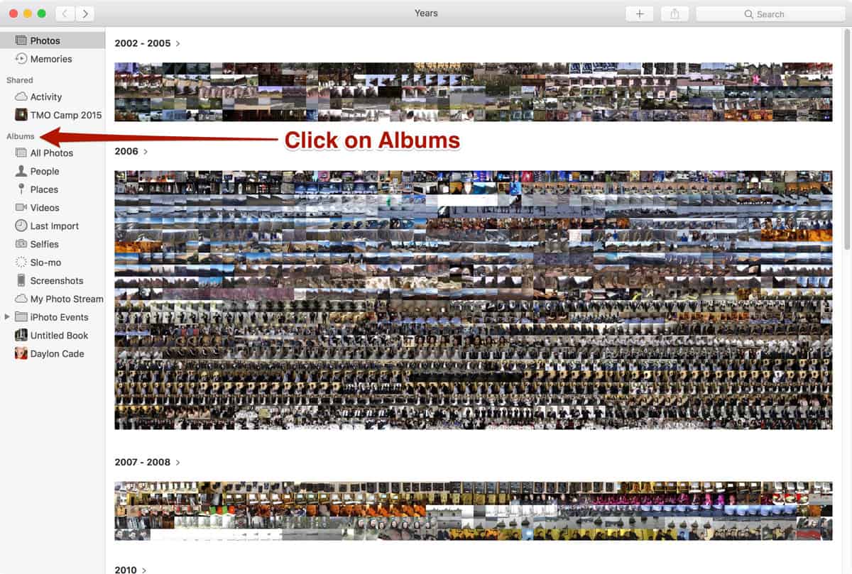 Photos View in macOS Sierra Photos - Click Albums in the Left Sidebar