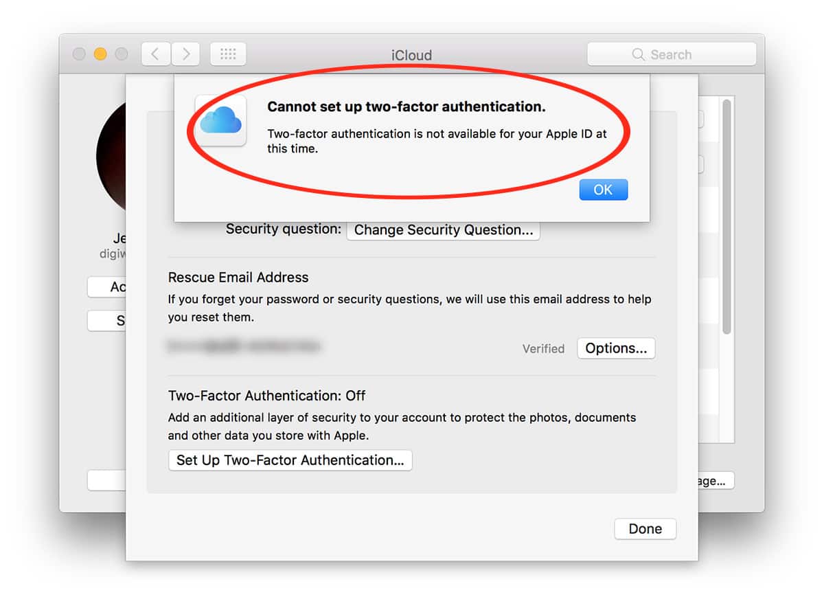 iCloud Two-Factor authentication setup failure