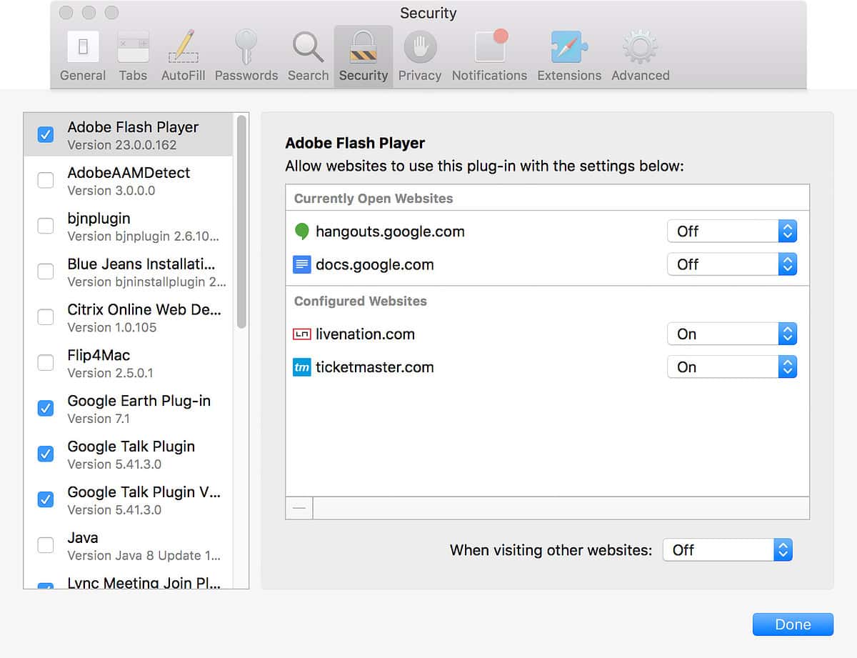 Safari Security Preferences