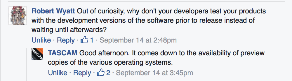 TASCAM's response indicating they have no knowledge of Apple's developer previews