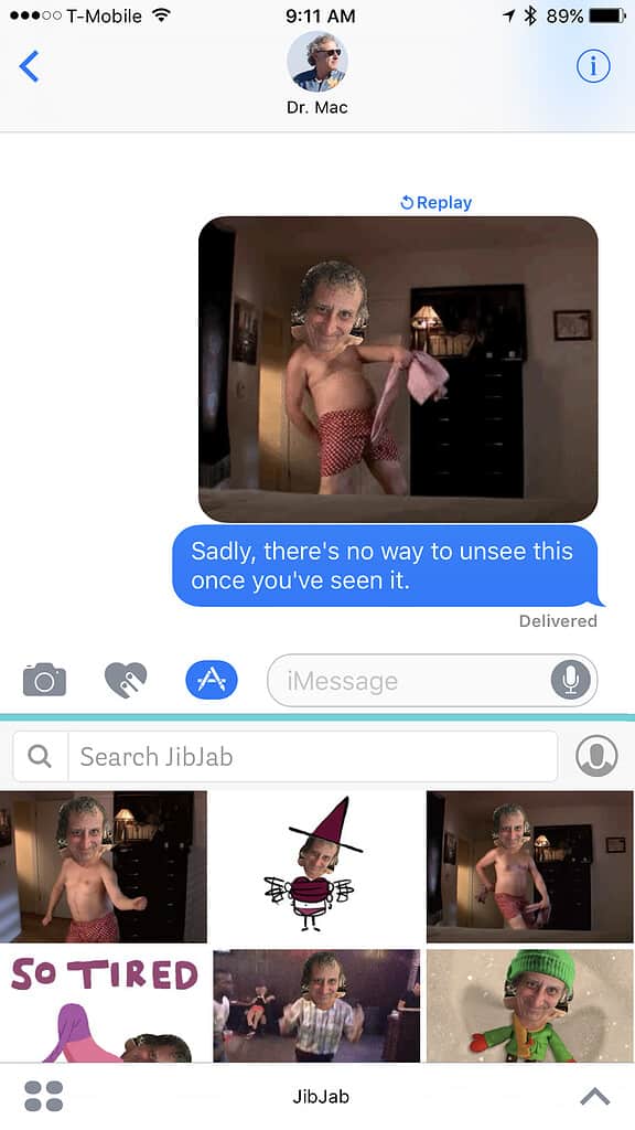 The JibJab app, which makes funny GIFs with your face, is one of my favorite apps for Messages in iOS 10.