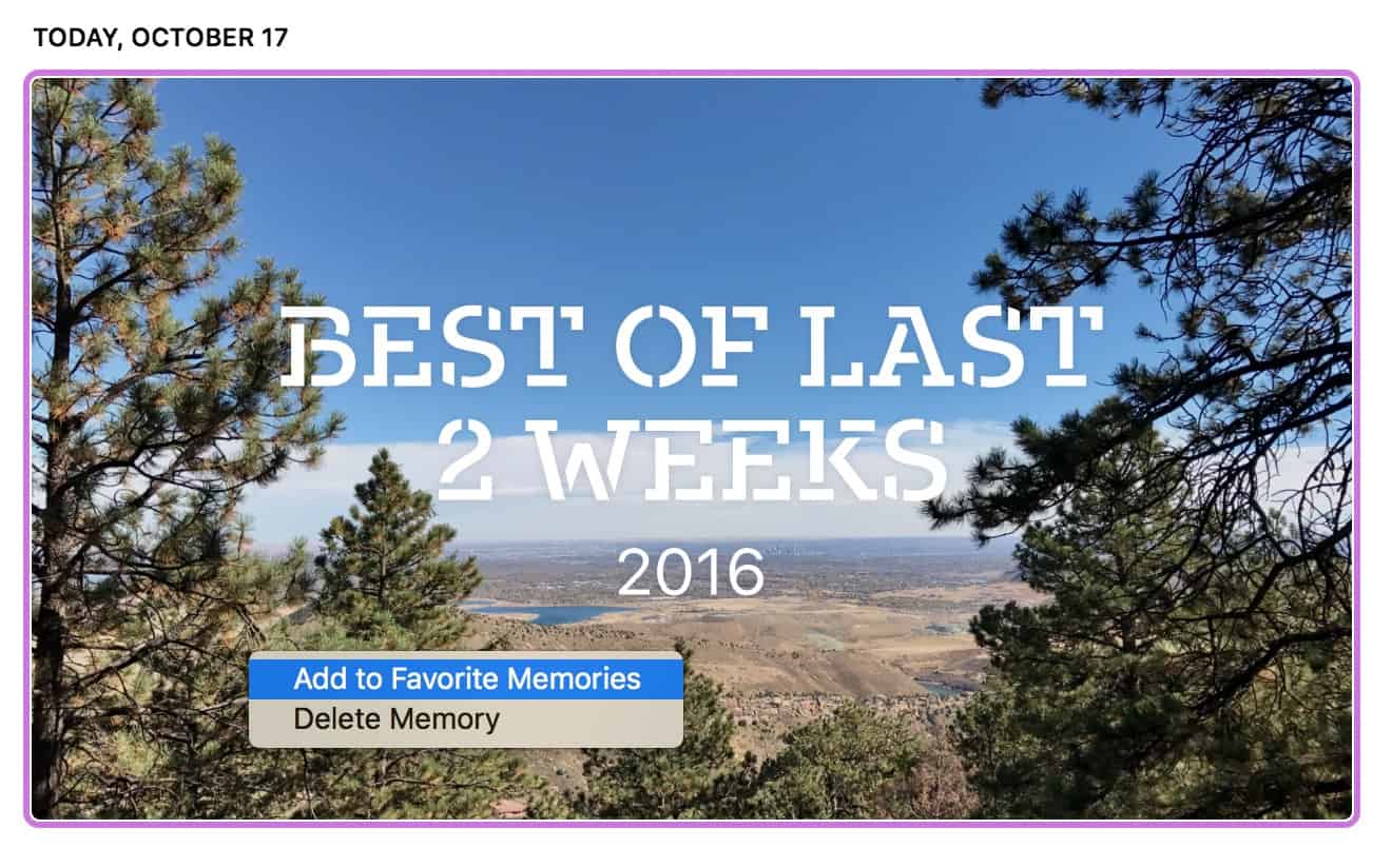 macOS Sierra Photos Memories add to favorite memories contextual menu