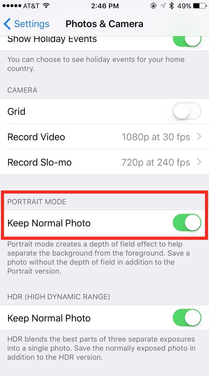 iOS 10.1 iPhone 7 Plus Portrait Mode settings