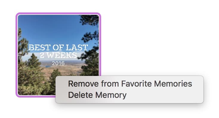 macOS Sierra Photos Memories Remove from Favorites contextual menu