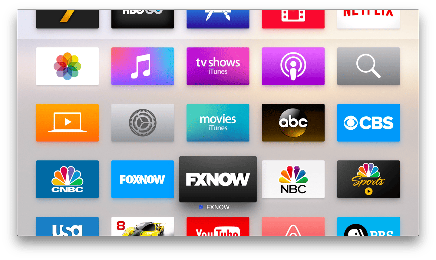 A view of the Apple TV home screen with apps