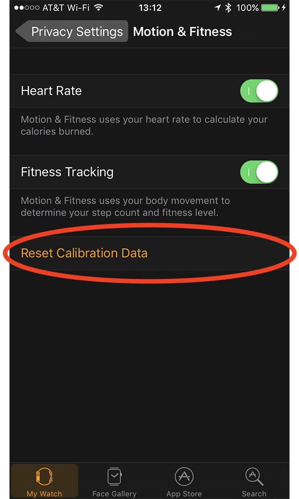 Apple Watch fitness calibration reset in iPhone Watch app