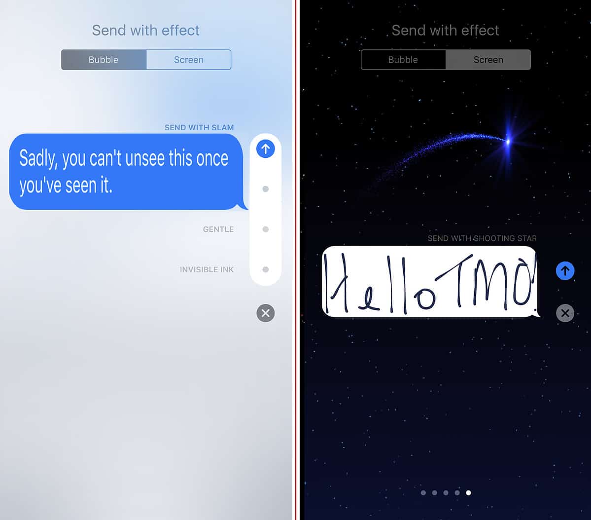 The bubble effects (left) and full screen effects (right) tabs in the iOS 10 Messages app.
