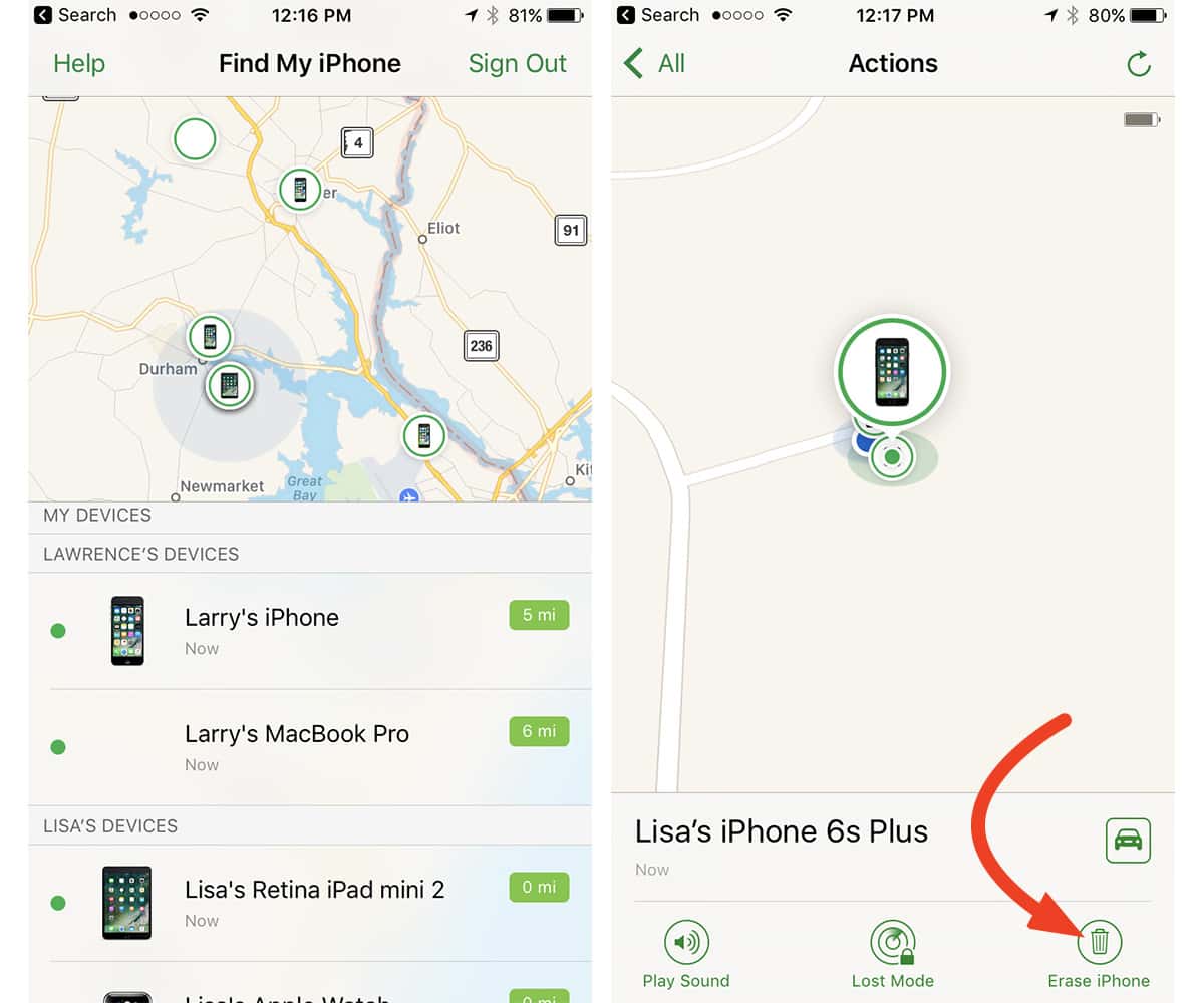 You can erase all Find My iPhone devices linked to iCloud Family Sharing