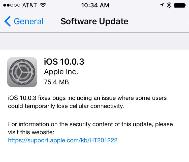 Patch Note Screenshot for iOS 10.0.3
