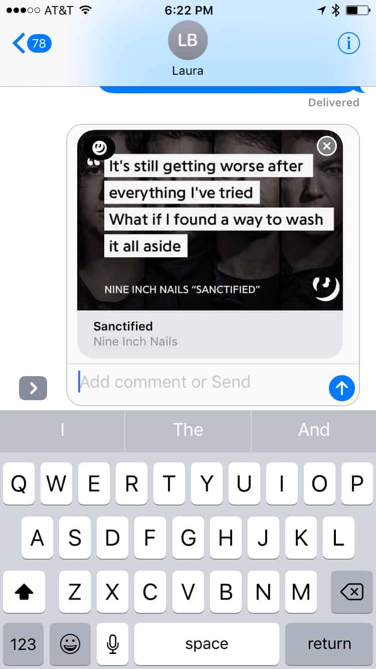 Ready to Send Lyrics in iMessage Lyrics App