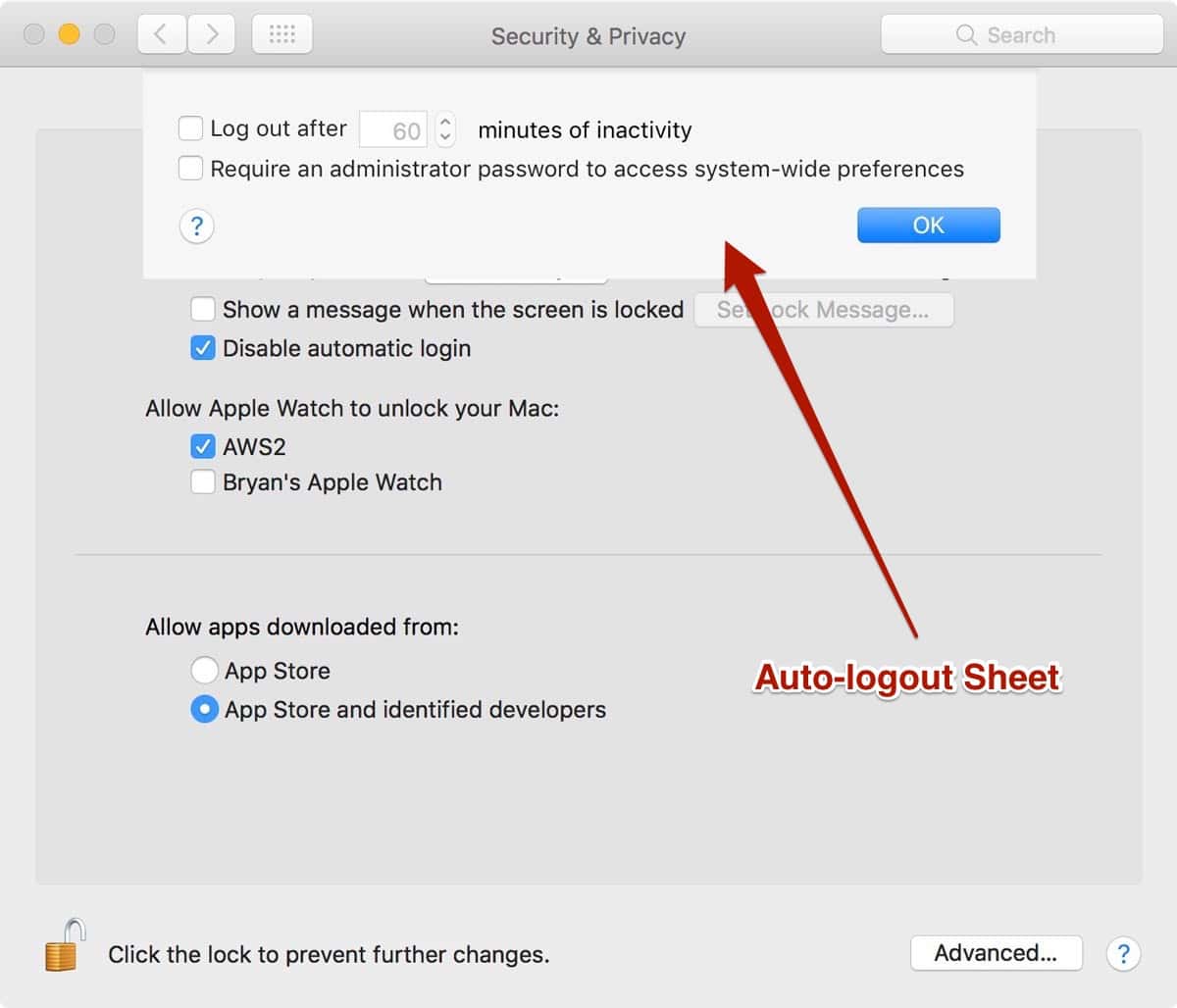 Screenshot showing Auto-Logout Preference in macOS Sierra