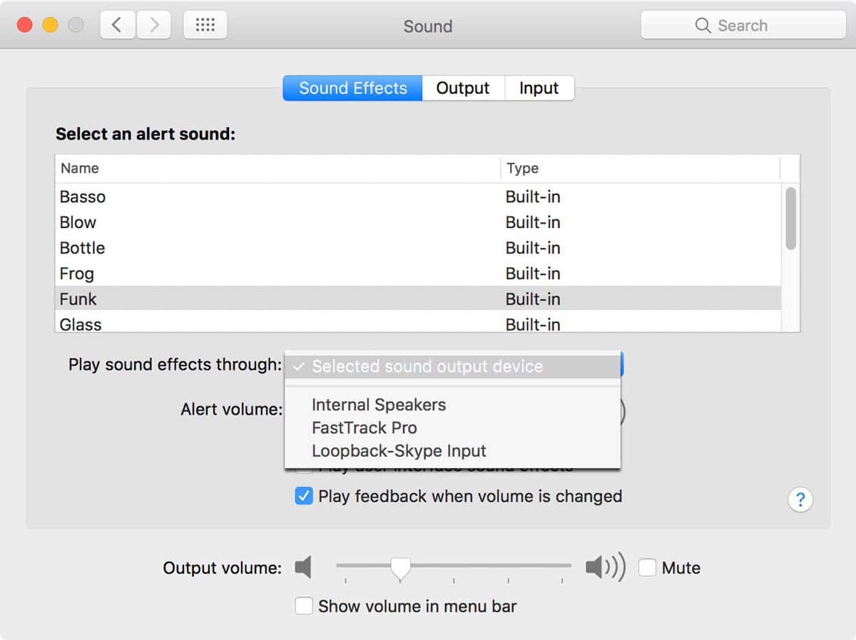 Sound Effects Settings in System Preferences in macOS Sierra