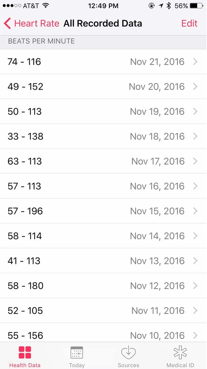 iOS 10 Health App Vitals showing all heart rate data