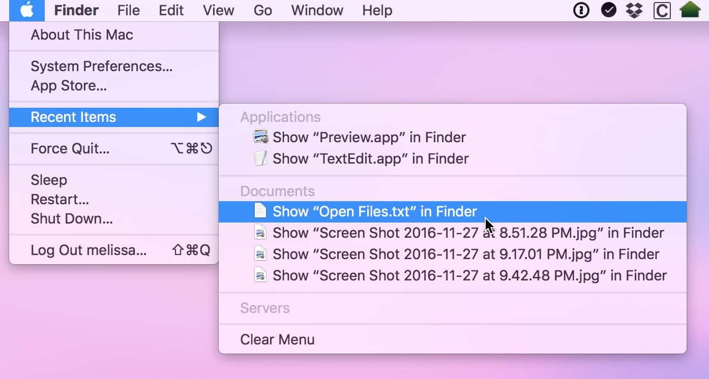 macOS Sierra use Command Key with Recent Items menu option to see the path to files