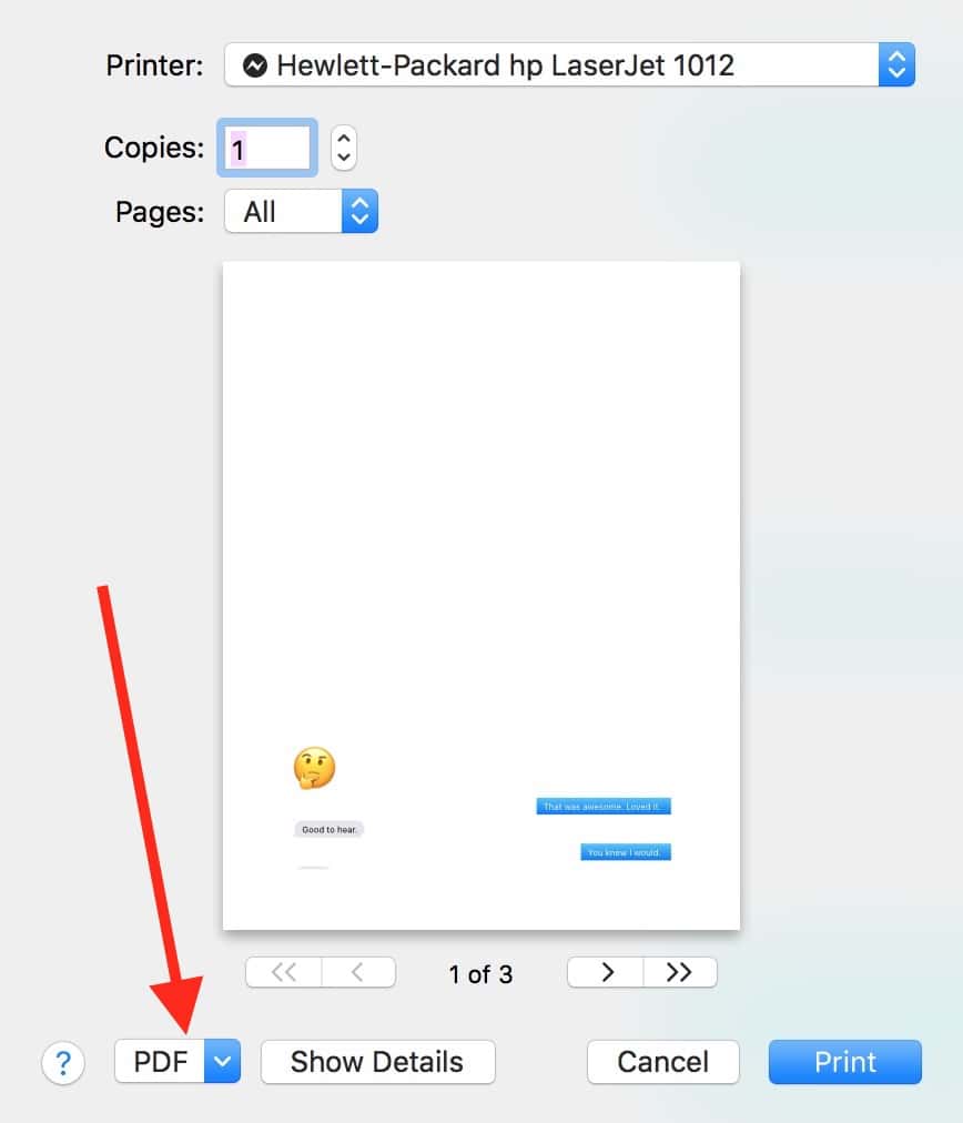 Printing Messages conversations using the PDF Button in the Print dialog