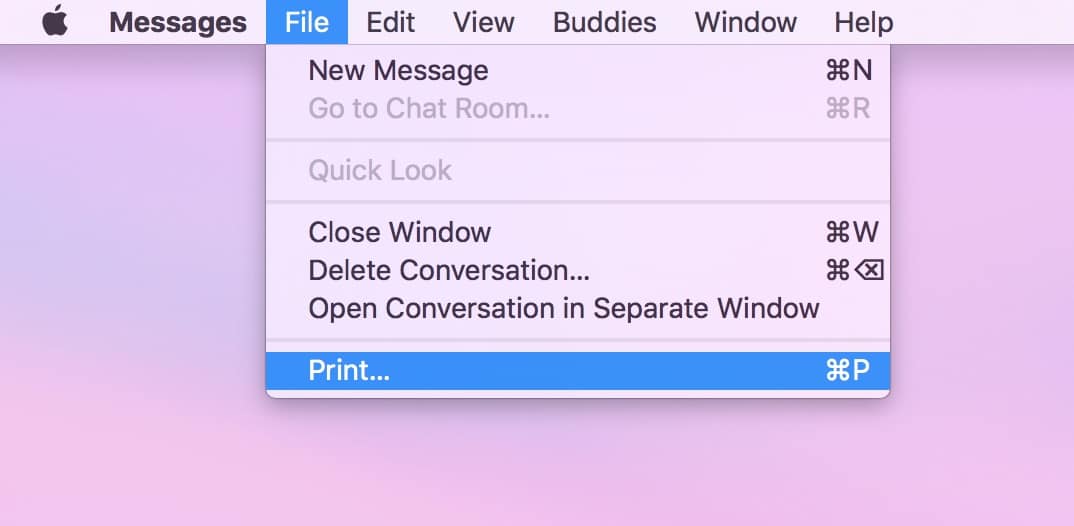 macOS Message Print option in the menu bar