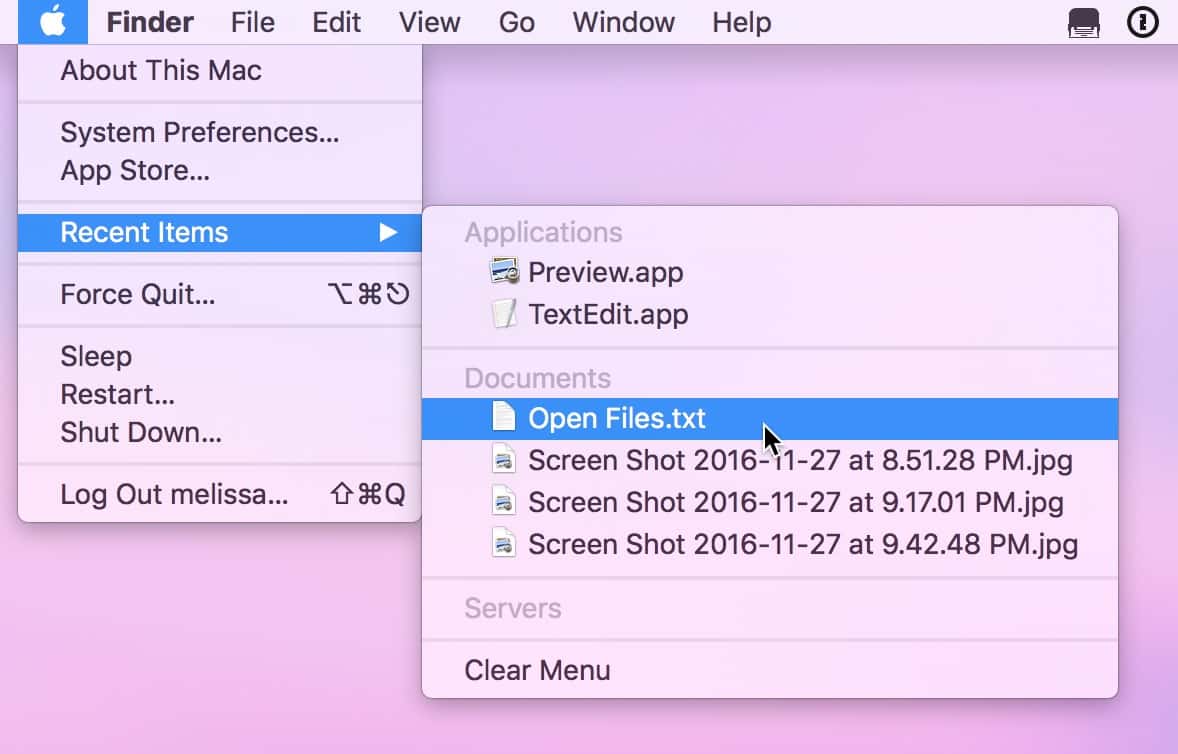 macOS Sierra Recent Items menu item