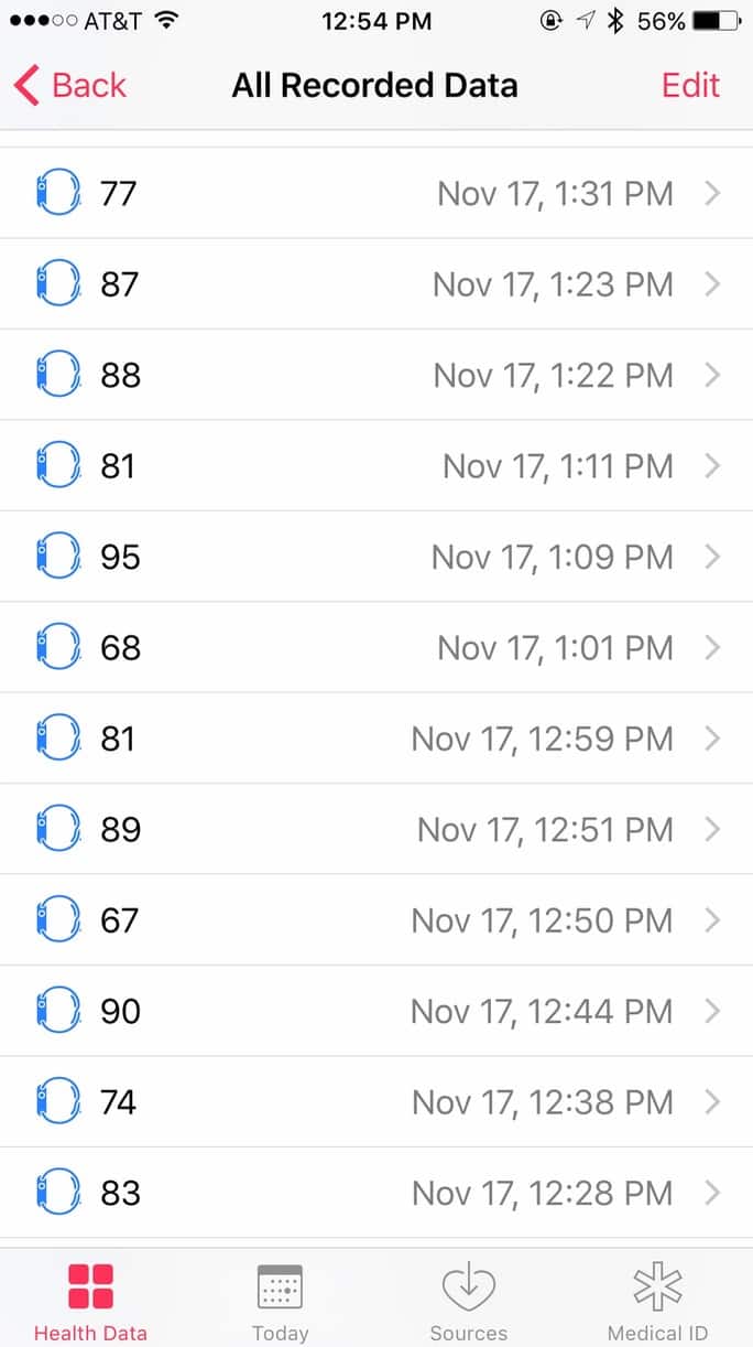 iOS 10 Health App recorded individual heart rate readings