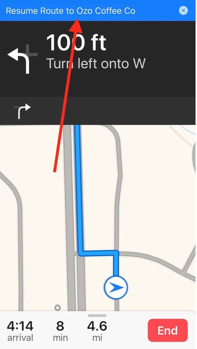 iOS 10 Maps Resume Route blue bar