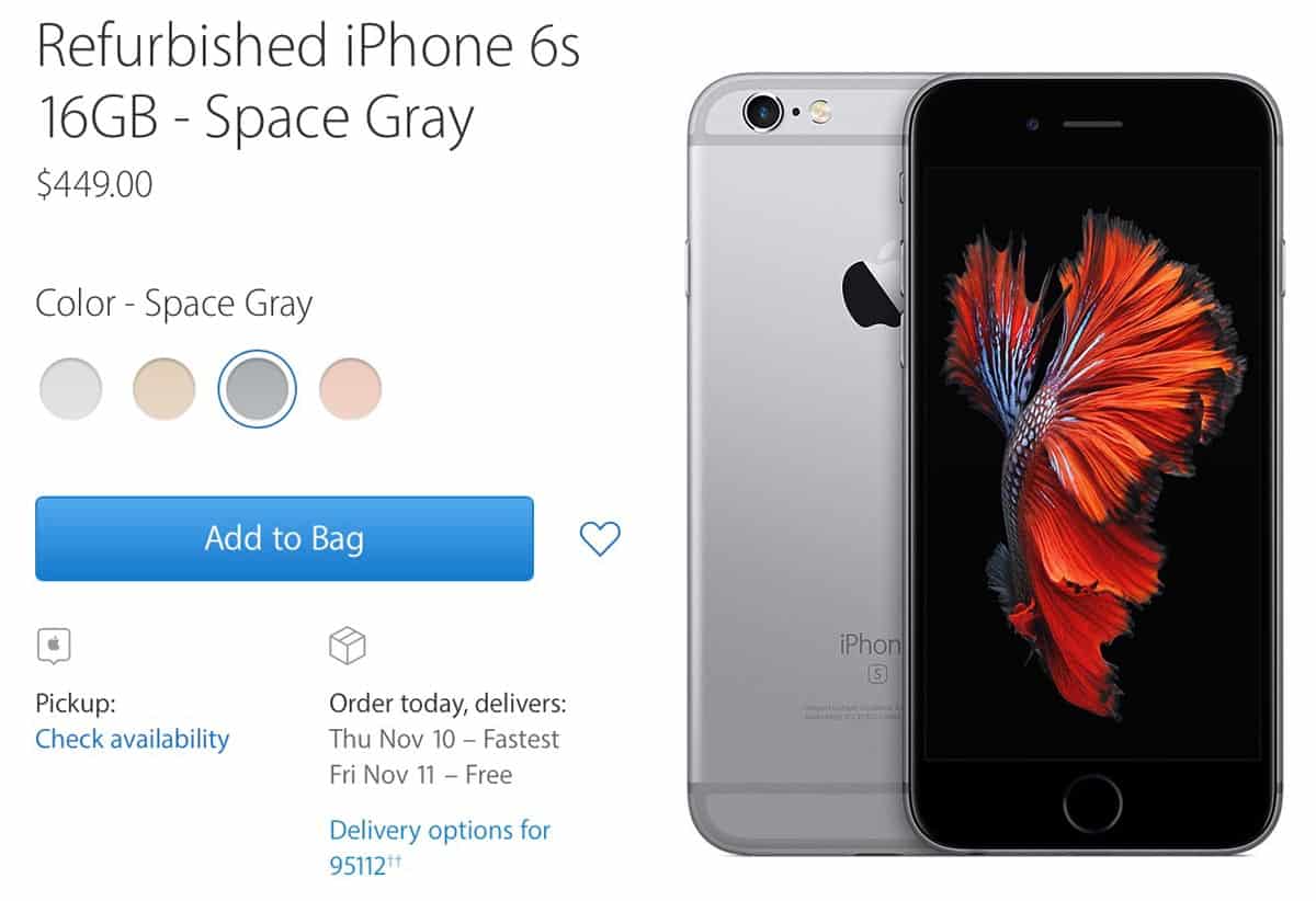 Screenshot of iPhone 6s Refurb Models on Apple Store Online