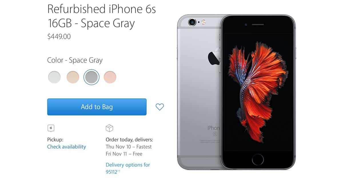 Screenshot of iPhone 6s Refurb Models on Apple Store Online