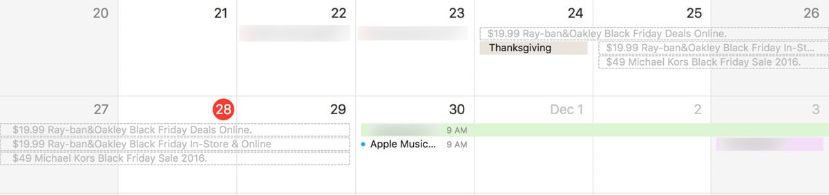 Calendar spam invites in macOS Sierra's Calendar app.