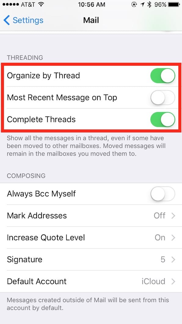 iOS 10 Mail Threading Settings for email