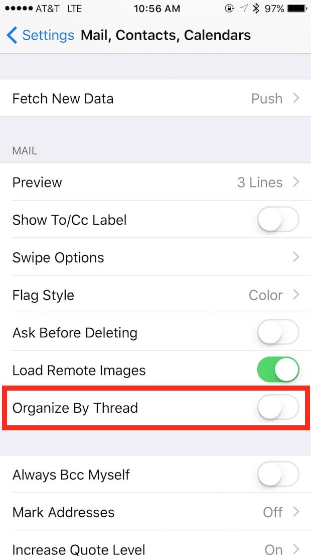 iOS 9 Mail Organize By Thread Settings