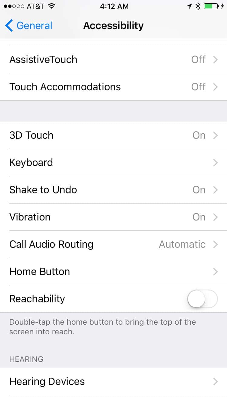 Accessibility Settings in iOS 10.1.1