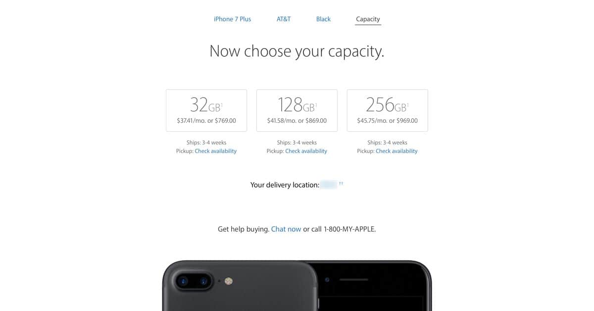 Screenshot Showing iPhone 7 Plus Availability