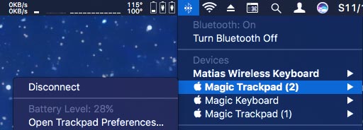 macOS Sierra Bluetooth Menu - Magic Trackpad