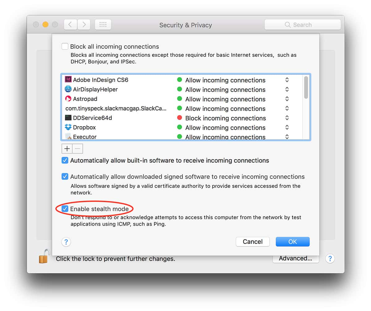 macOS Sierra Stealth Mode setting in Security & Privacy