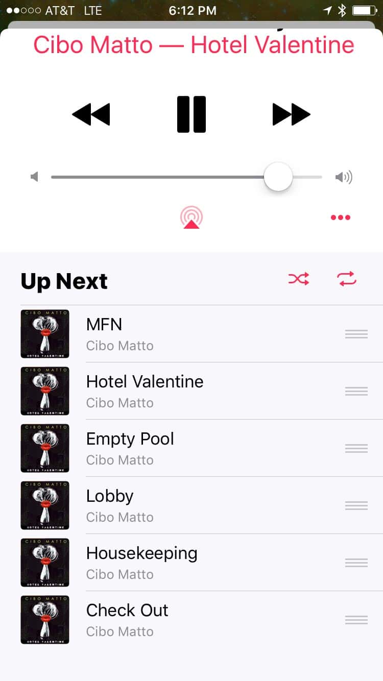 Music App in iOS 10.1.1 - Up Next Sheet with Shuffle Off
