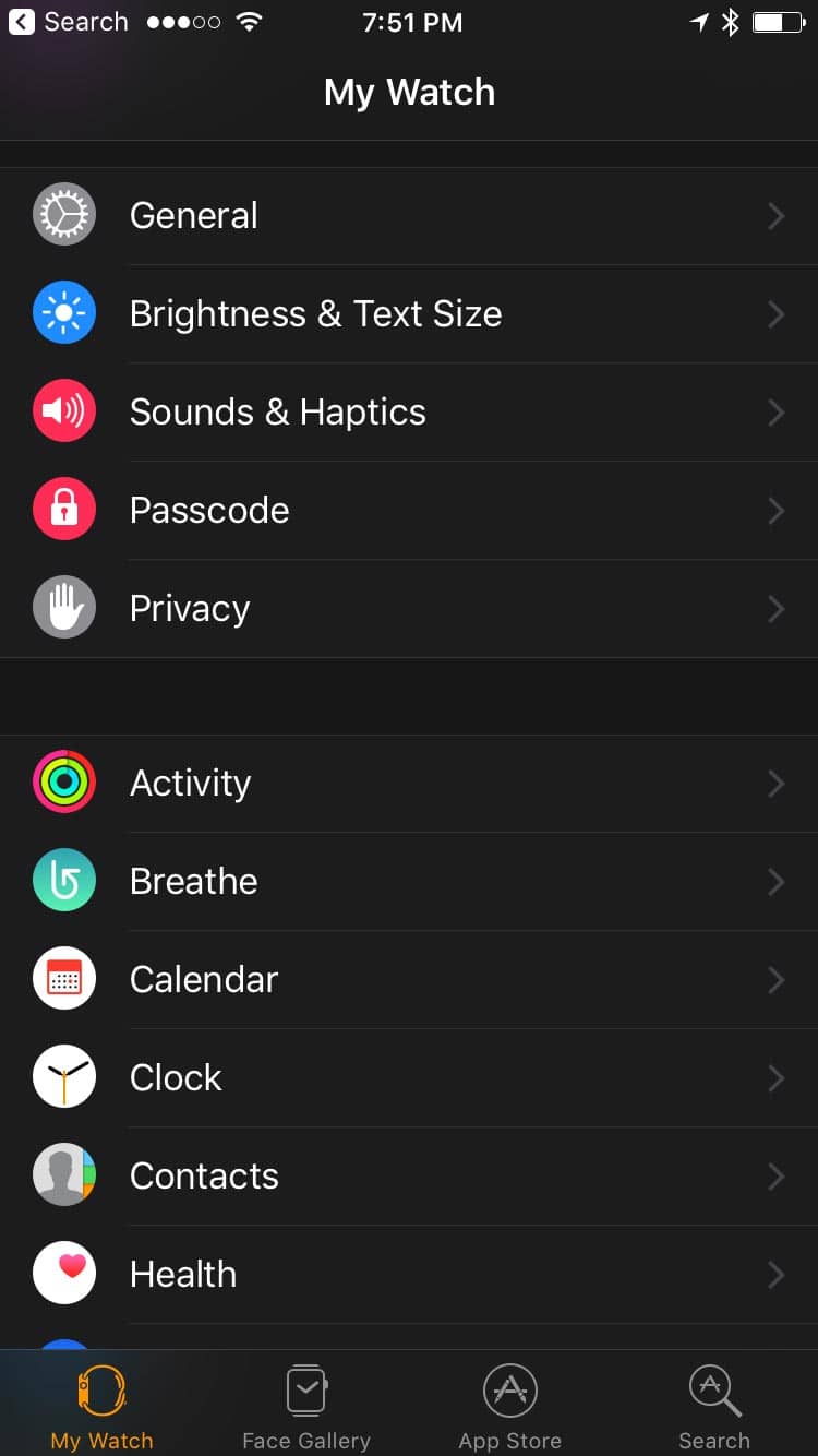 Main screen of Watch App in iOS 10